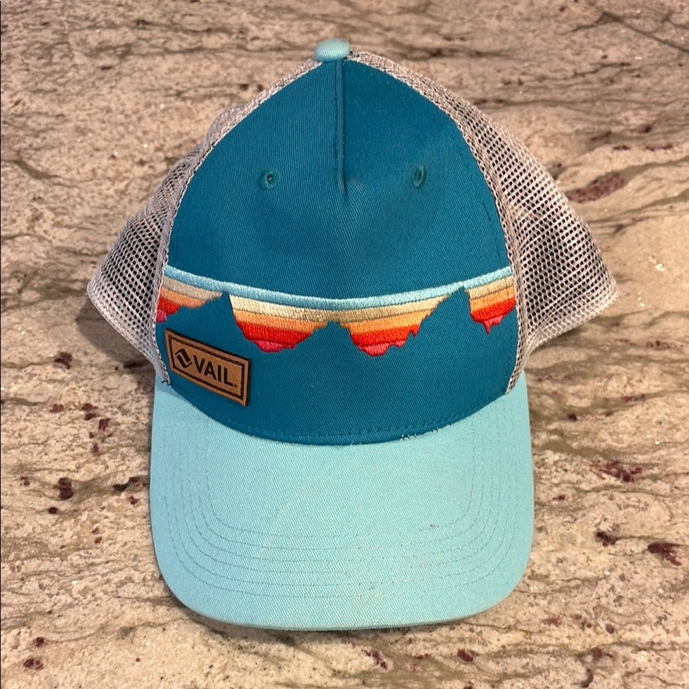 CALE Teal and Light Blue Trucker Hat with Sunset Stripe
